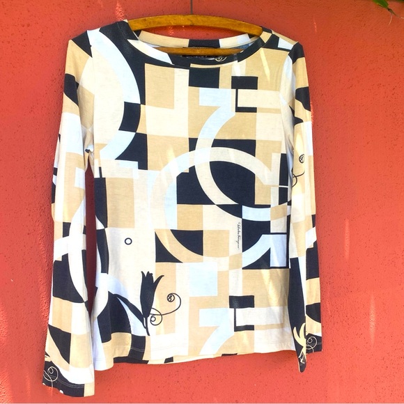SALVATORE FERRAGAMO geometric graphic long sleeve boat neck tee